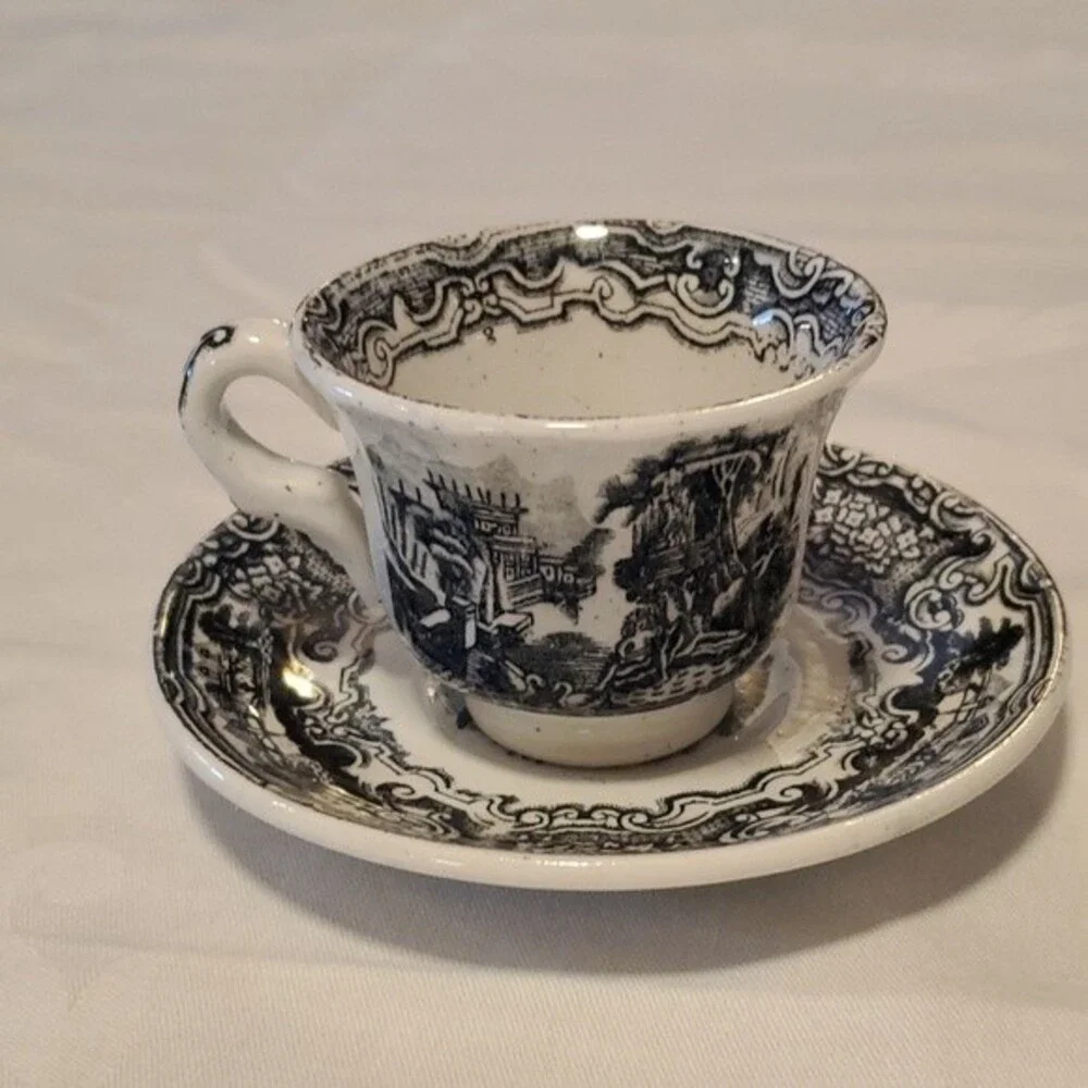 VTG La Cartuja de Sevilla “Vistas” Cup Saucer – Rare Black Transferware  Spain